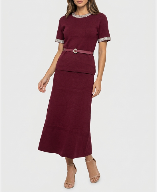 
Knit Top w/ Sequin Trim & Skirt Set- 2 Pc Set in BURGUNDY view 1