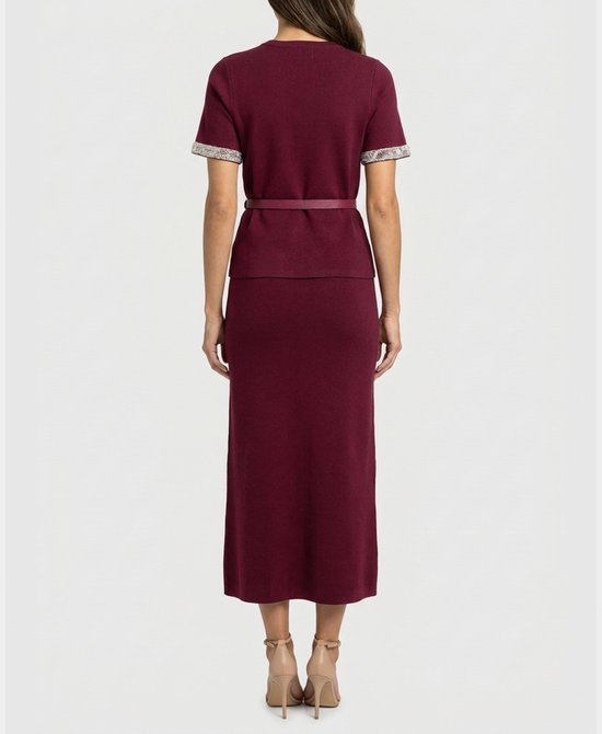 
Knit Top w/ Sequin Trim & Skirt Set- 2 Pc Set in BURGUNDY view 2