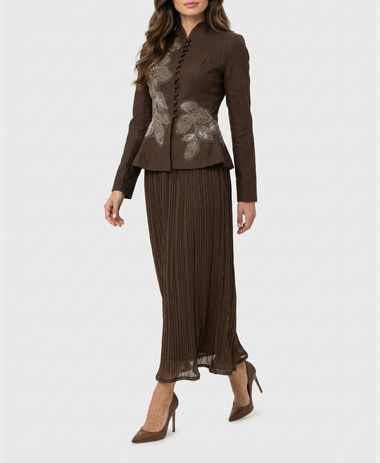 
Blazer Top w/ Sequin Trim & Pleated Skirt Set- 2 Pc Set in BROWN view 1