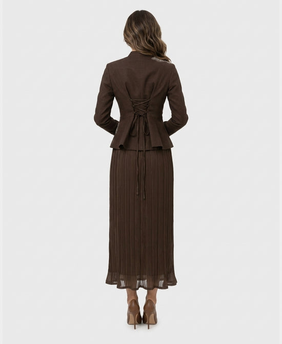 
Blazer Top w/ Sequin Trim & Pleated Skirt Set- 2 Pc Set in BROWN view 2
