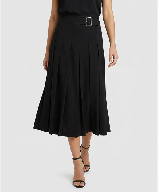 
Box Pleat Midi Skirt w/ Buckle in BLACK view 1