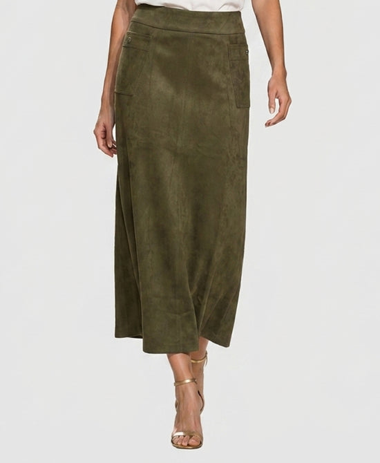 
Faux Suede Midi Skirt w/ Pockets in OLIVE view 1
