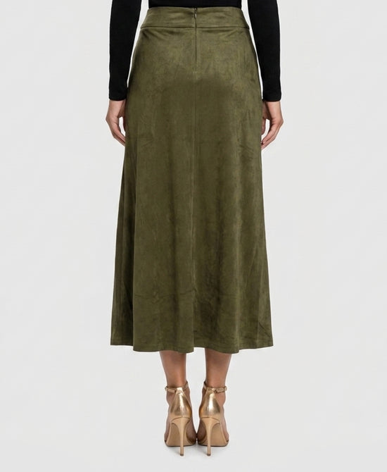 
Faux Suede Midi Skirt w/ Pockets in OLIVE view 2