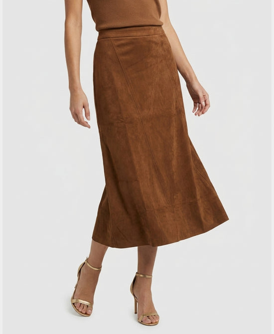 
Faux Suede Midi Skirt in CHESTNUT view 1