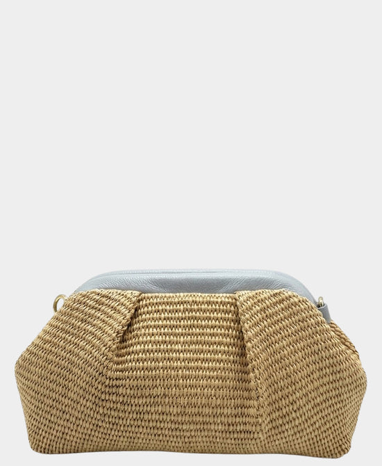 
Leather & Straw Clutch Bag in TAN/BLUE view 1