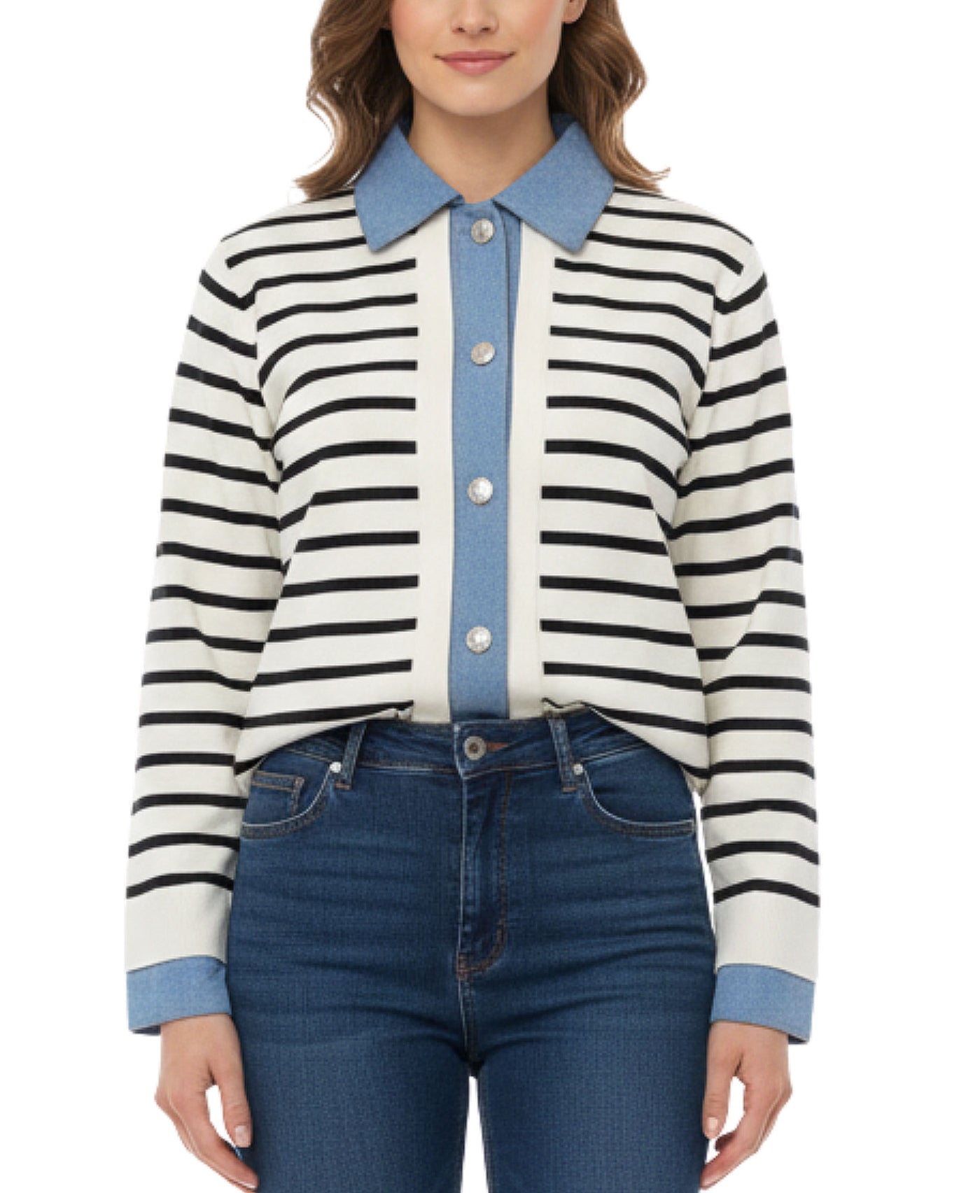 Striped Sweater w/ Denim Trim view 2