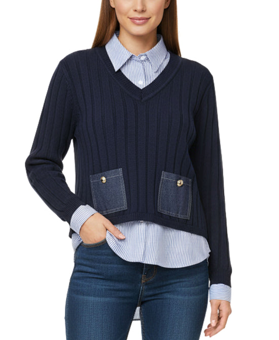 Striped Blouse w/ Knit Overlay view 