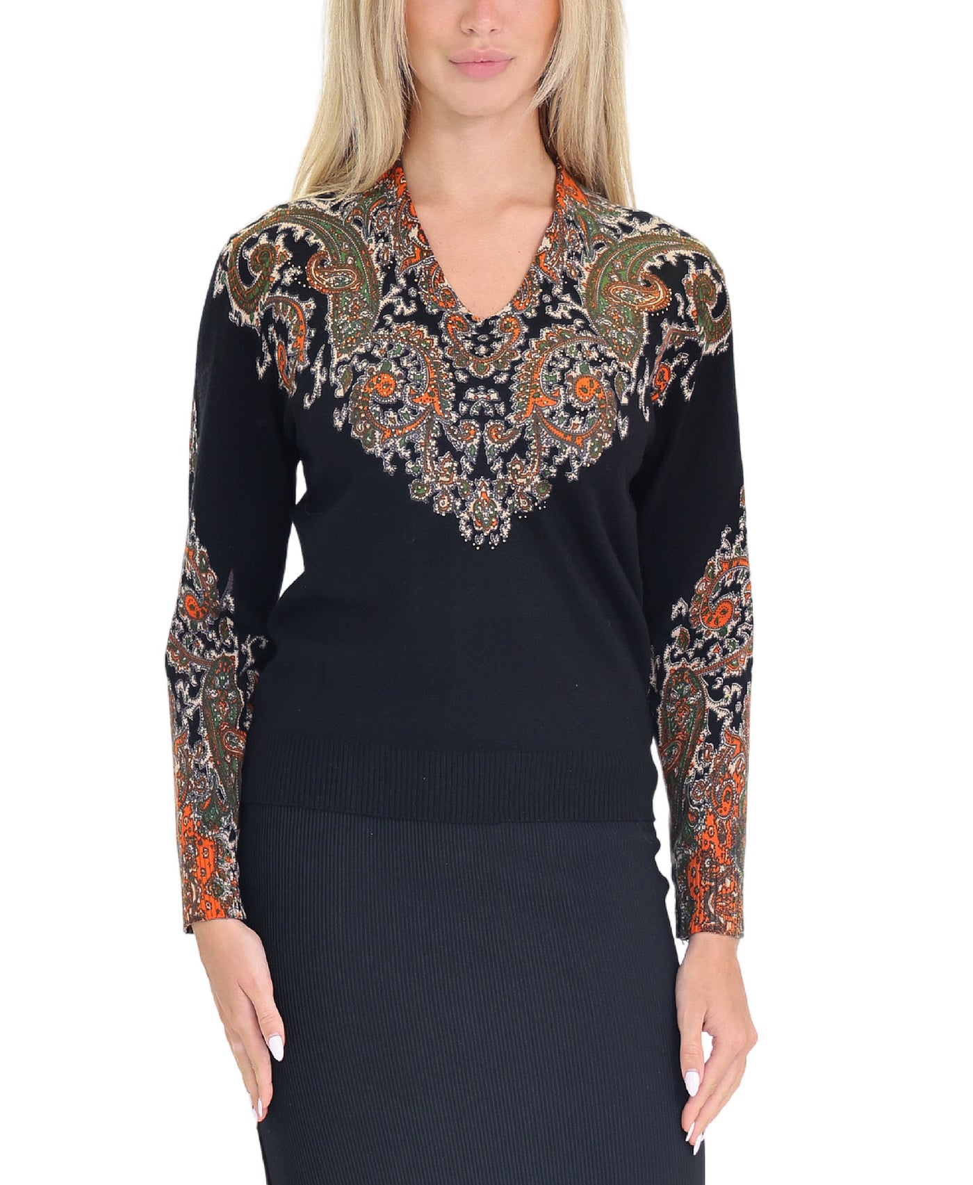 Paisley Print Sweater w/ Crystals view 1