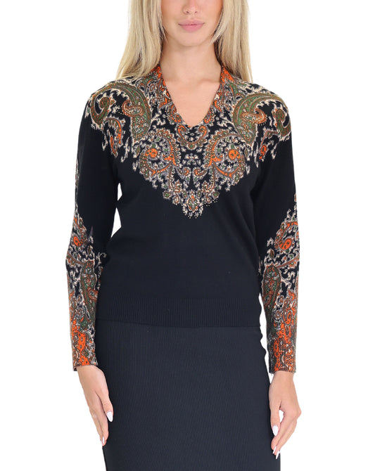Paisley Print Sweater w/ Crystals view 