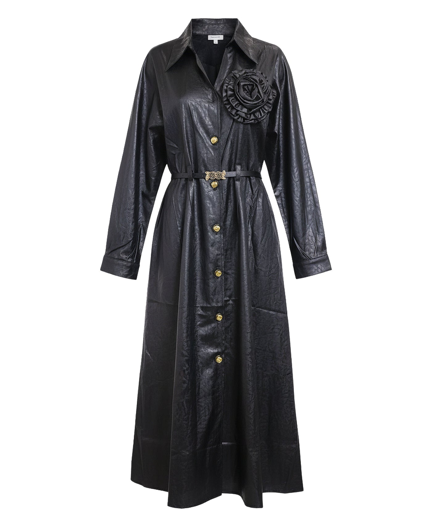 Satin Maxi Shirt Dress w/ Flower view 1