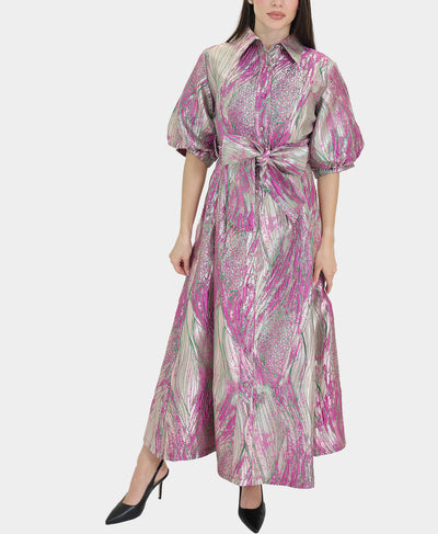Printed Metallic Puff Sleeve Dress image 1