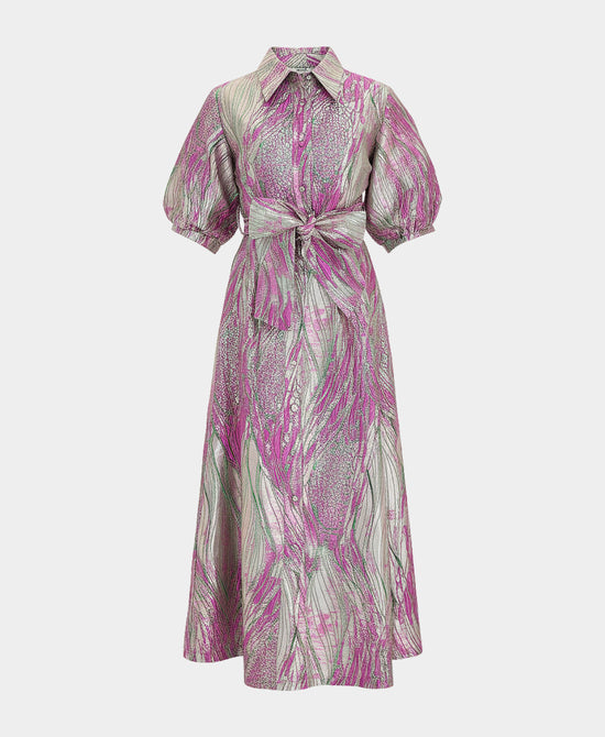 Printed Metallic Puff Sleeve Dress view 