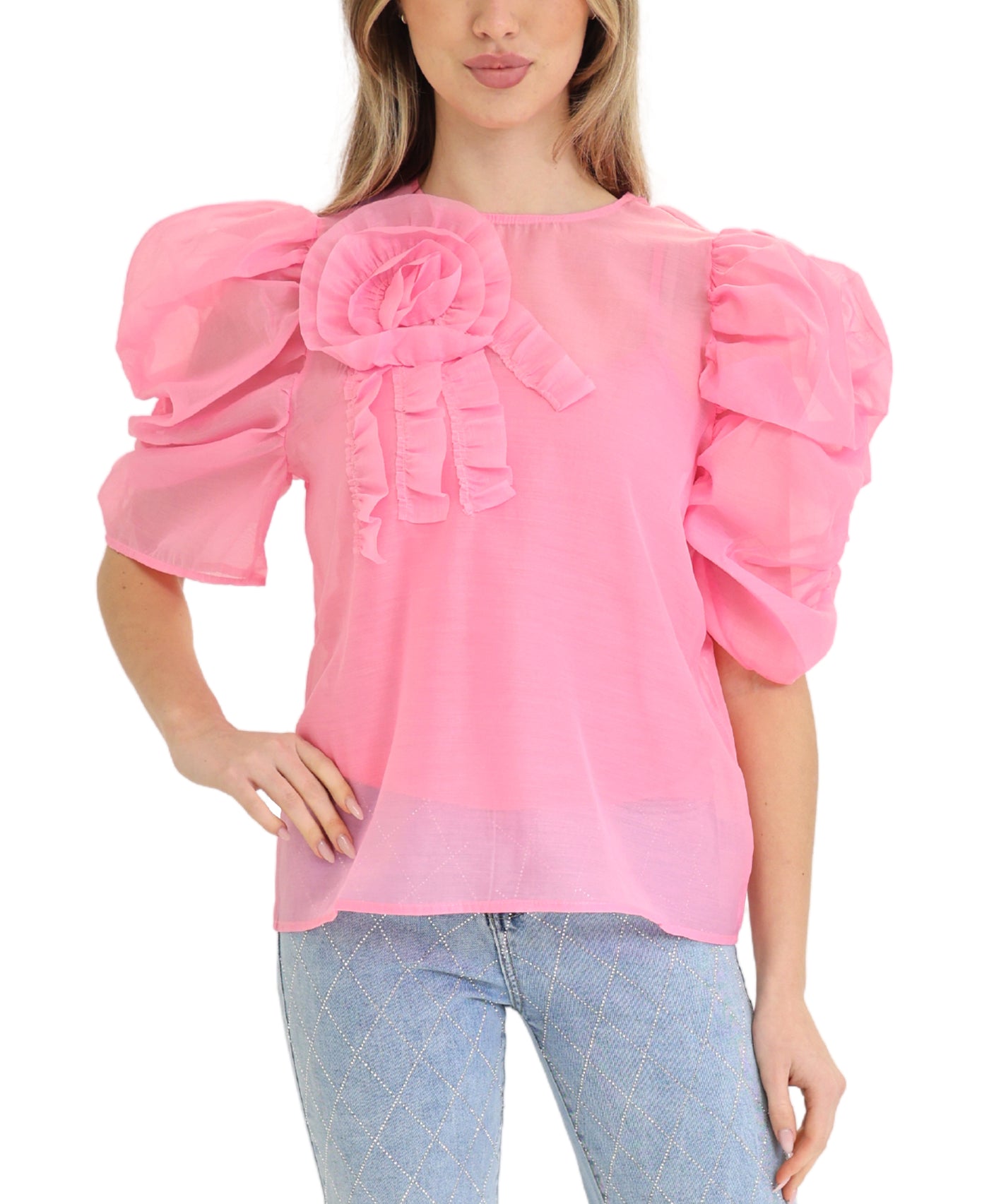 Blouse w/ Flower & Puff Sleeves view 1