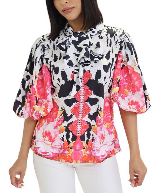 Printed Puff Sleeve Top view 