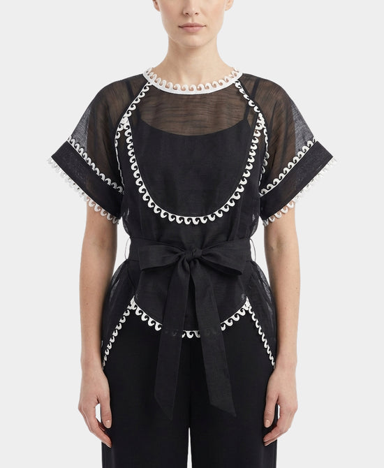 Mesh Blouse w/ Contrast Trim view 1