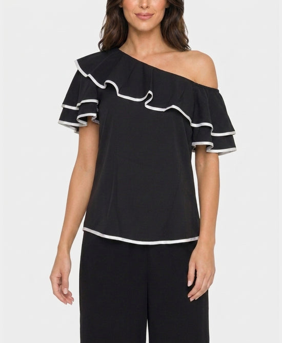 
One Shoulder Colorblock Ruffle Top in BLACK/WHITE view 1