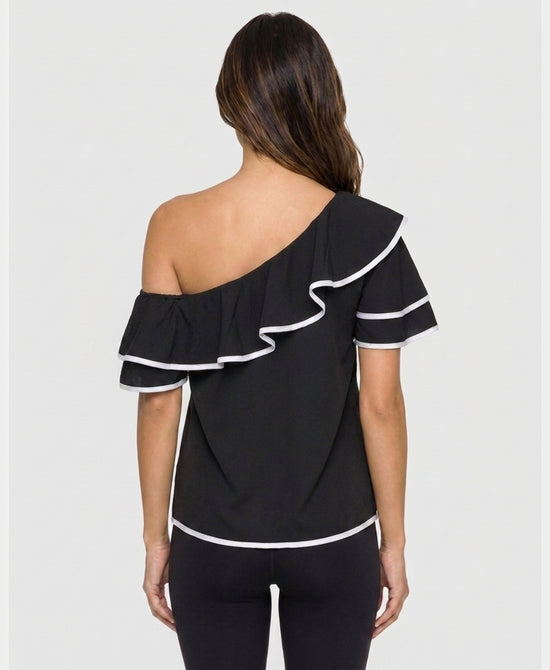 
One Shoulder Colorblock Ruffle Top in BLACK/WHITE view 2
