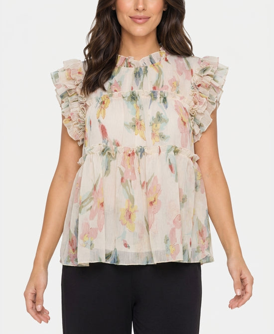 
Sheer Floral Ruffle Blouse in BEIGE MULTI view 1