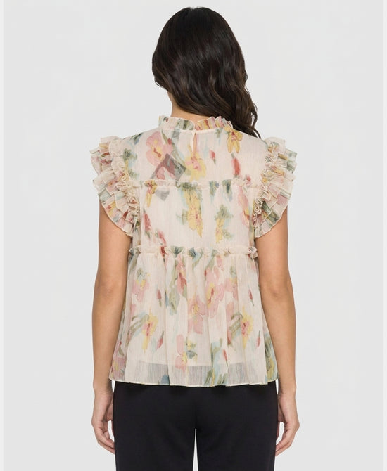 
Sheer Floral Ruffle Blouse in BEIGE MULTI view 2