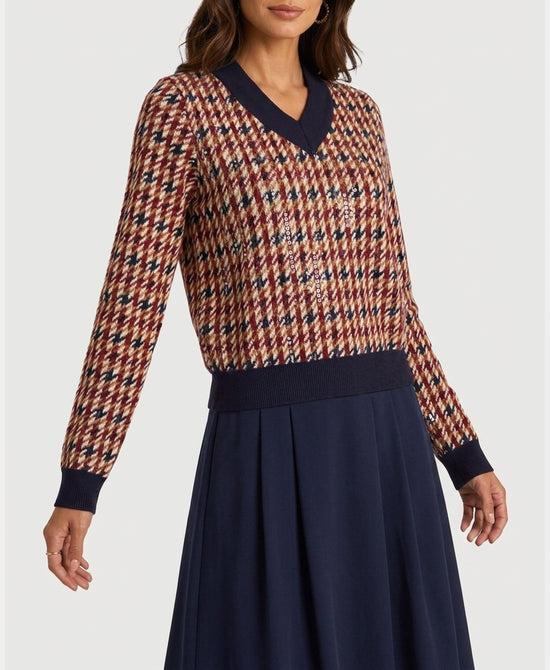 
Houndstooth Sweater w/ Clear Sequins in NAVY/BURGUNDY view 1