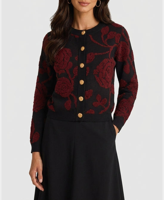 
Cardigan Sweater w/ Roses in BLACK/BURGUNDY view 1
