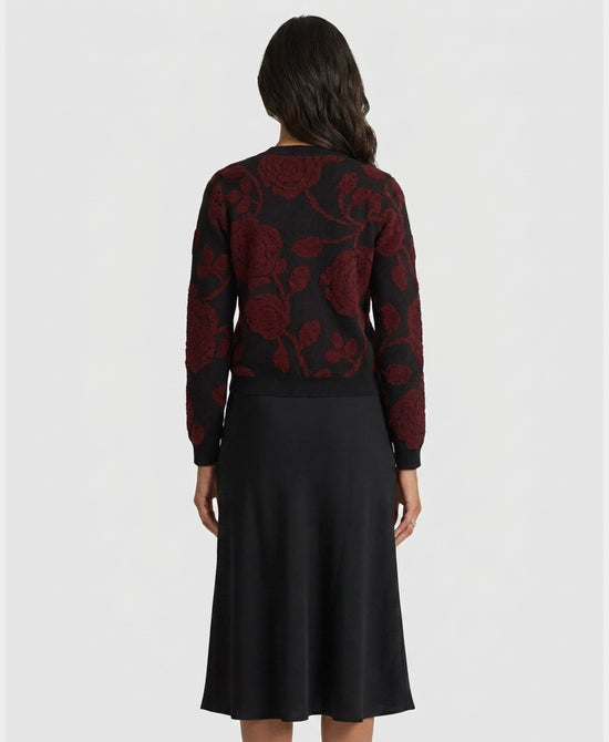 
Cardigan Sweater w/ Roses in BLACK/BURGUNDY view 2