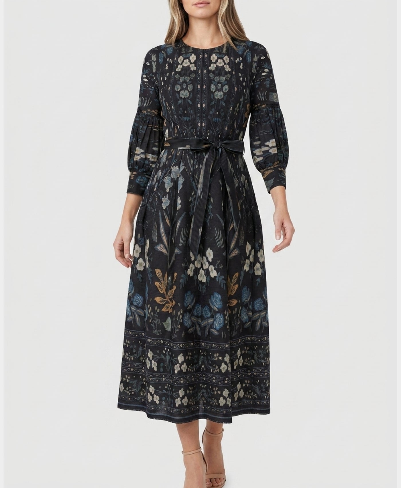 Floral Print Crinkle Midi Dress M / Black MULTI