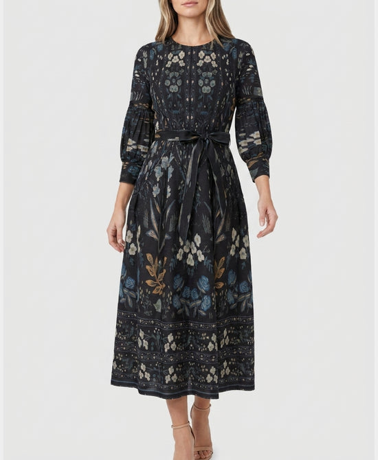 
Floral Print Crinkle Midi Dress in BLACK MULTI view 1