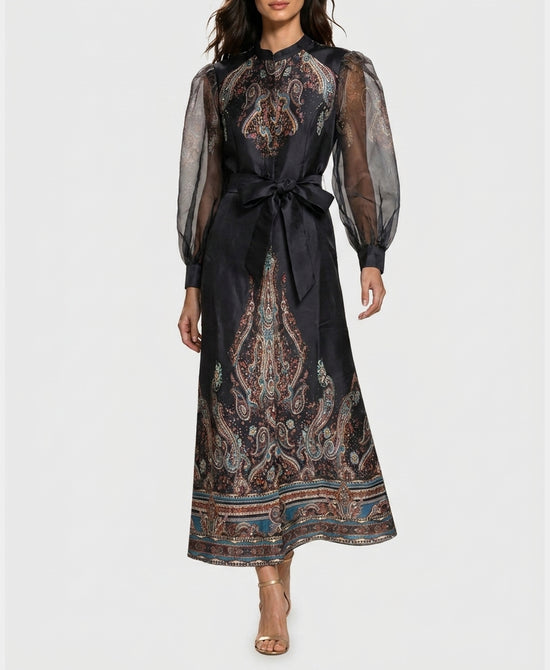 
Printed Maxi Dress w/ Sheer Sleeves in BLACK MULTI view 1