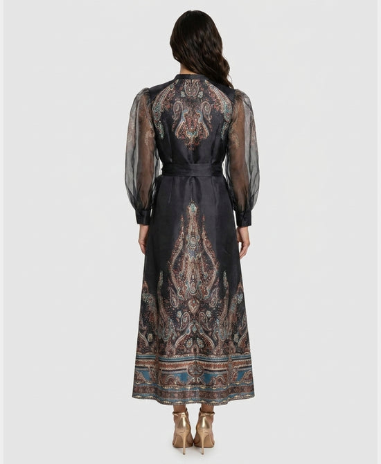 
Printed Maxi Dress w/ Sheer Sleeves in BLACK MULTI view 2
