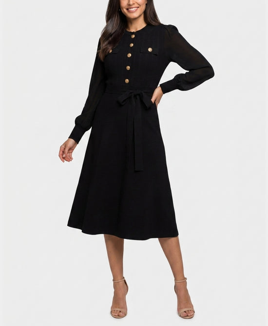 
Knit Midi Dress w/ Chiffon Sleeves in BLK view 1