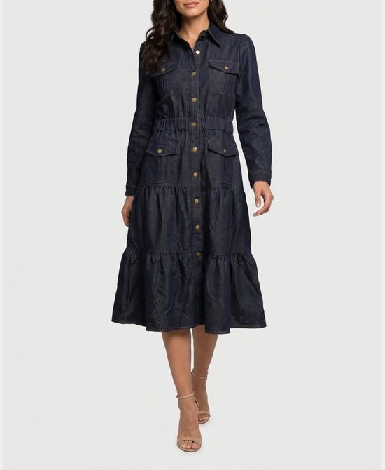 
Denim Tiered Midi Dress in DARK BLUE DENIM view 1
