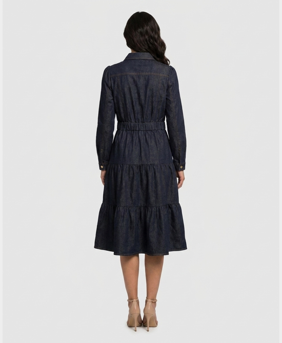 
Denim Tiered Midi Dress in DARK BLUE DENIM view 2