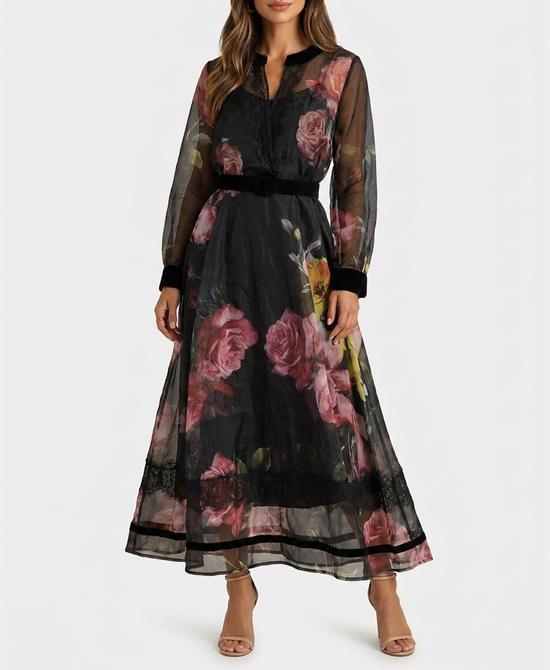 
Floral Organza Maxi Dress w/ Velvet & Lace Trim in BLACK/FUSCHIA view 1
