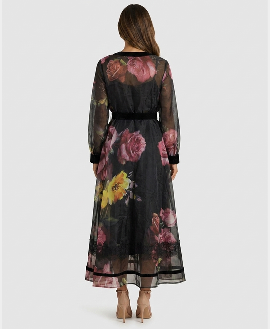 
Floral Organza Maxi Dress w/ Velvet & Lace Trim in BLACK/FUSCHIA view 2