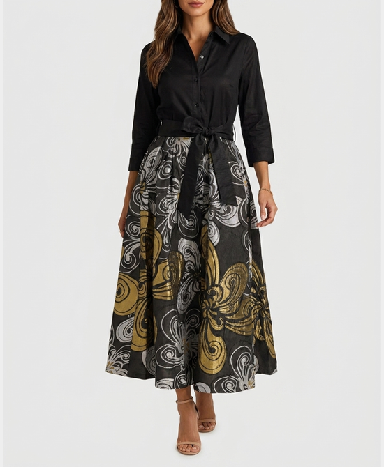 
Swirl Print Mikado Maxi Dress in BLACK/GREY/GOLD view 1