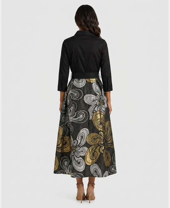 
Swirl Print Mikado Maxi Dress in BLACK/GREY/GOLD view 2