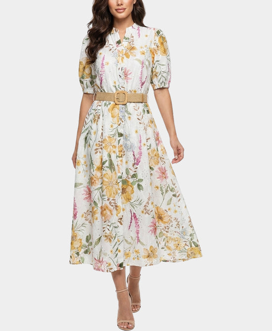 
Floral Print Eyelet Midi Dress in YELLOW MULTI view 1
