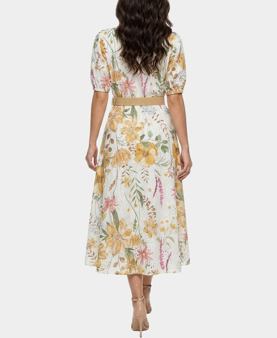 
Floral Print Eyelet Midi Dress in YELLOW MULTI view 2