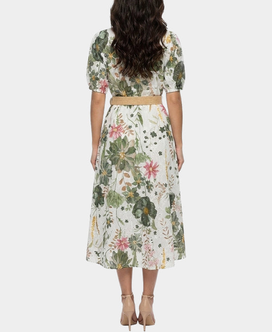 
Floral Print Eyelet Midi Dress in GREEN MULTI view 2