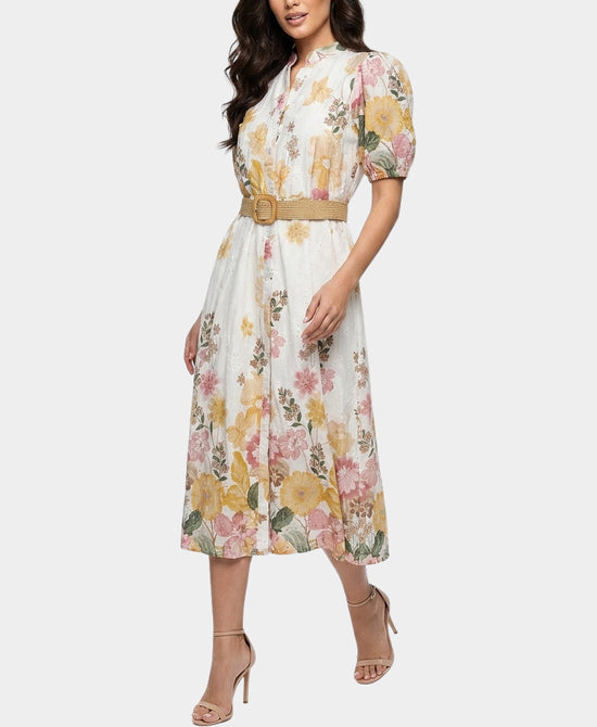 
Floral Print Eyelet Midi Dress in YELLOW MULTI view 1