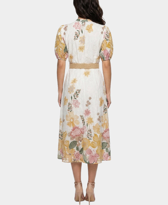 
Floral Print Eyelet Midi Dress in YELLOW MULTI view 2