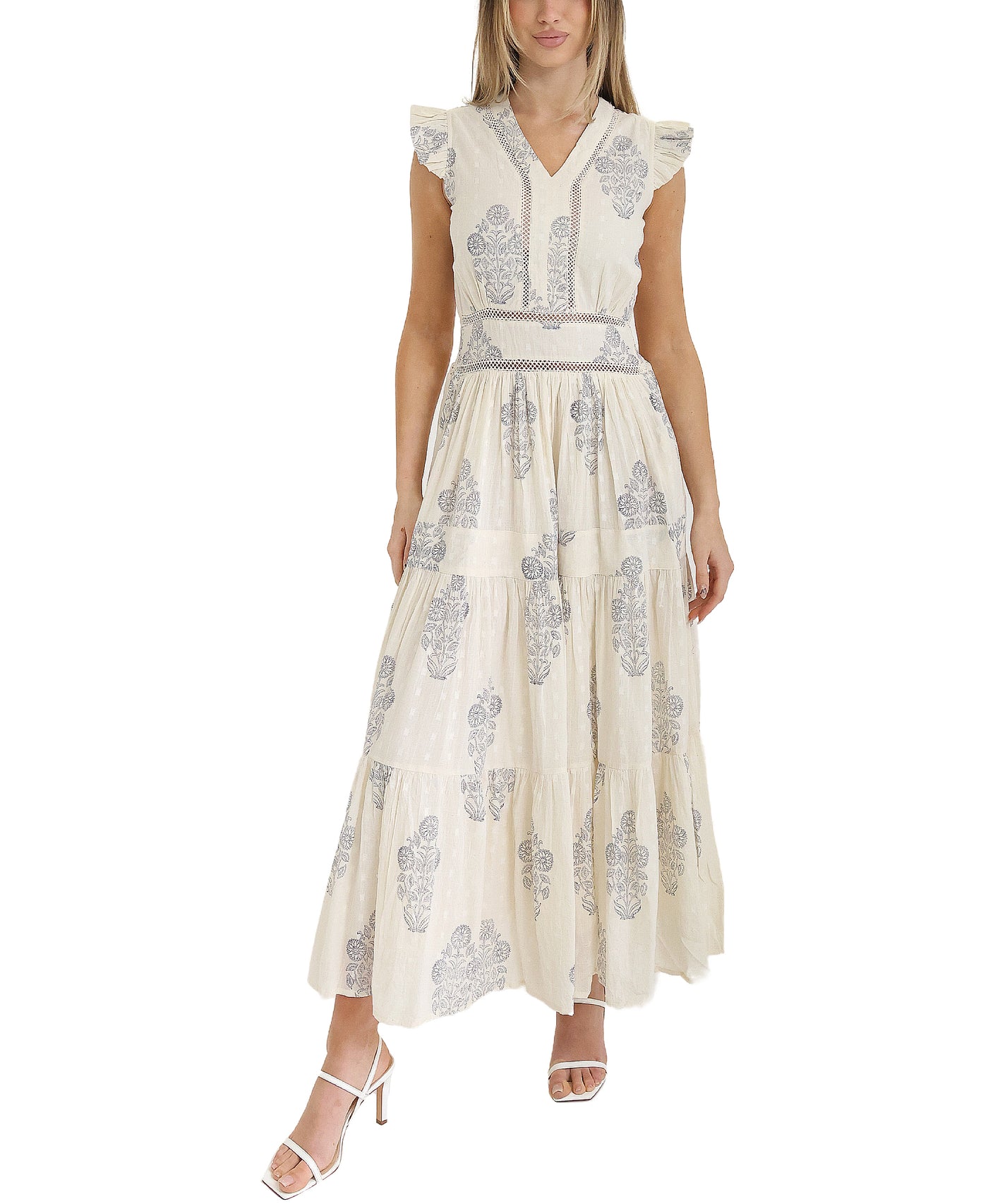 Floral Print Midi Dress w/ Eyelet Trim view 1