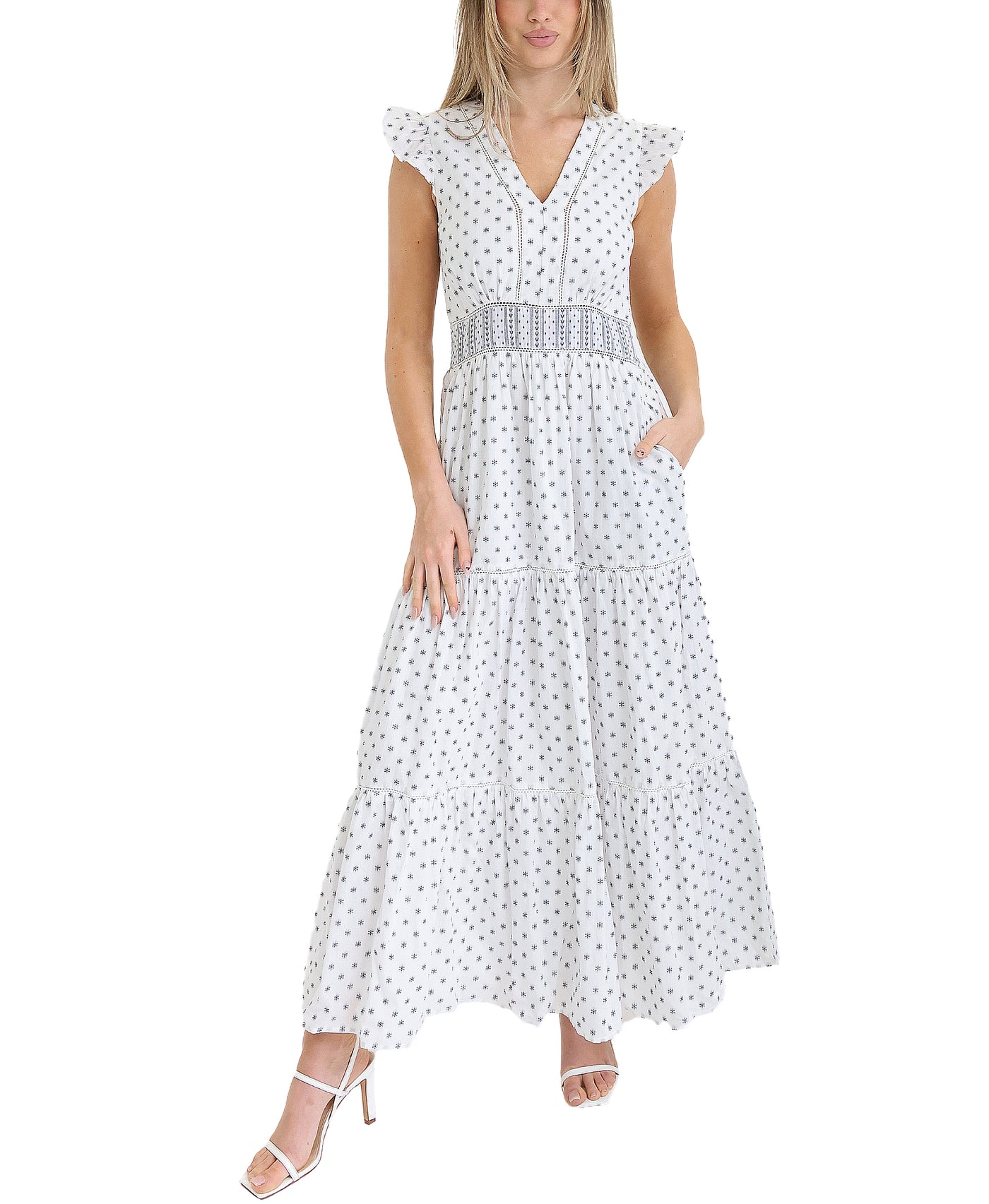 Printed Maxi Dress w/ Eyelet Trim view 1