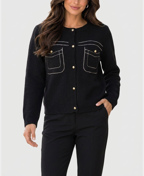 
Knit Cardigan w/ Contrast Stitching in BLACK view 1