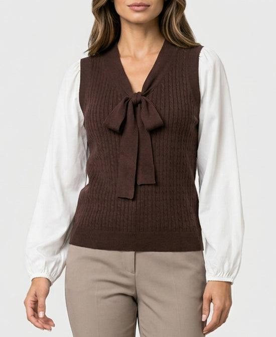 
Sweater w/ Satin Sleeves in BROWN/WHITE view 1