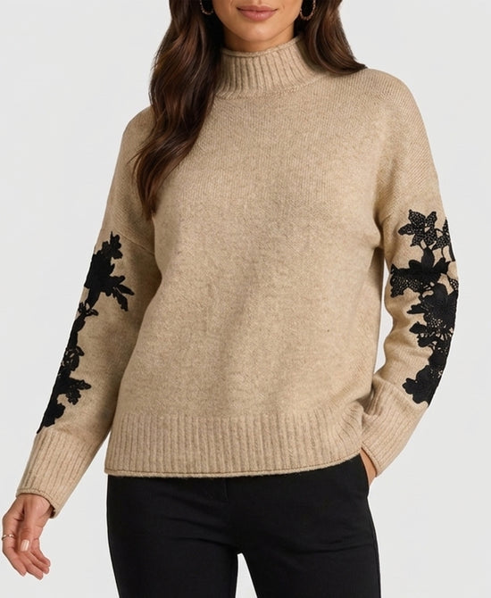 
Sweater w/ Lace Trim Sleeve Detail in BEIGE view 1