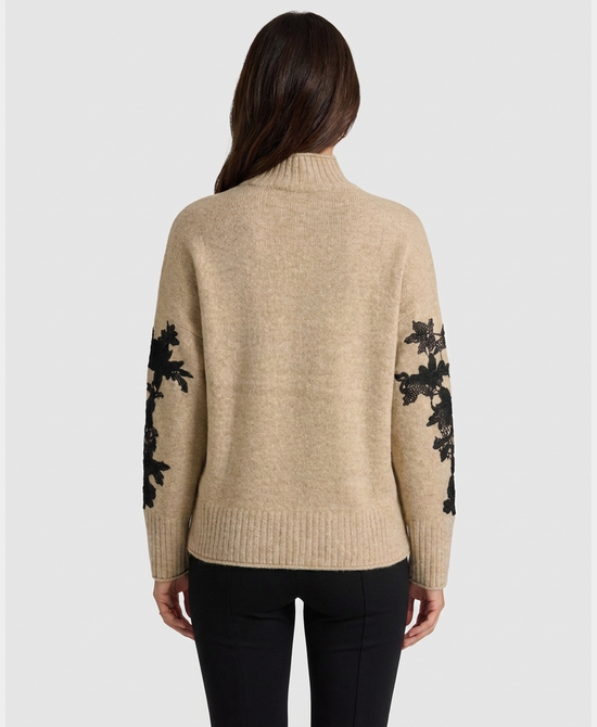
Sweater w/ Lace Trim Sleeve Detail in BEIGE view 2