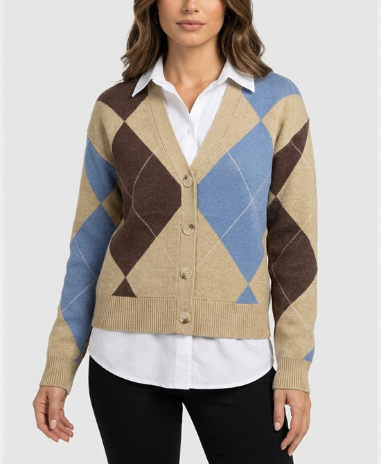 
Argyle Sweater w/ Shirt Underlay in BEIGE MULTI view 1