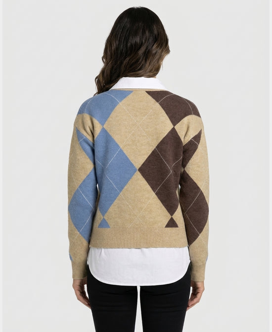 
Argyle Sweater w/ Shirt Underlay in BEIGE MULTI view 2